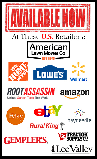 One Shot Shovel — available now at U.S. retailers including Home Depot, Lowe's, Walmart, Amazon, eBay, Etsy, Tractor Supply Co., Rural King, Gempler's, Hayneedle, Lee Valley, American Lawn Mower Co. and Root Assassin