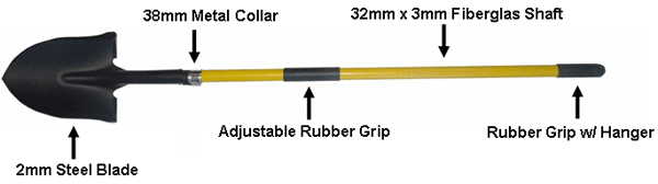 One Shot Shovel specifications: 2mm steel blade, 36mm metal collar, 32mm x 3mm fiberglass shaft, adjustable rubber grip, rubber grip with hanger